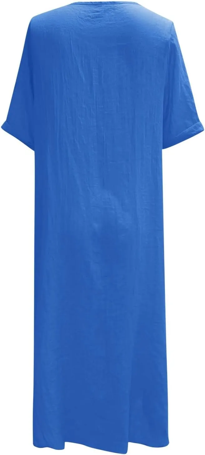 Cotton Linen V-Neck Midi Dress, 2025 Summer Casual Loose Dress Solid Flowy Bohemian Beach Dresses