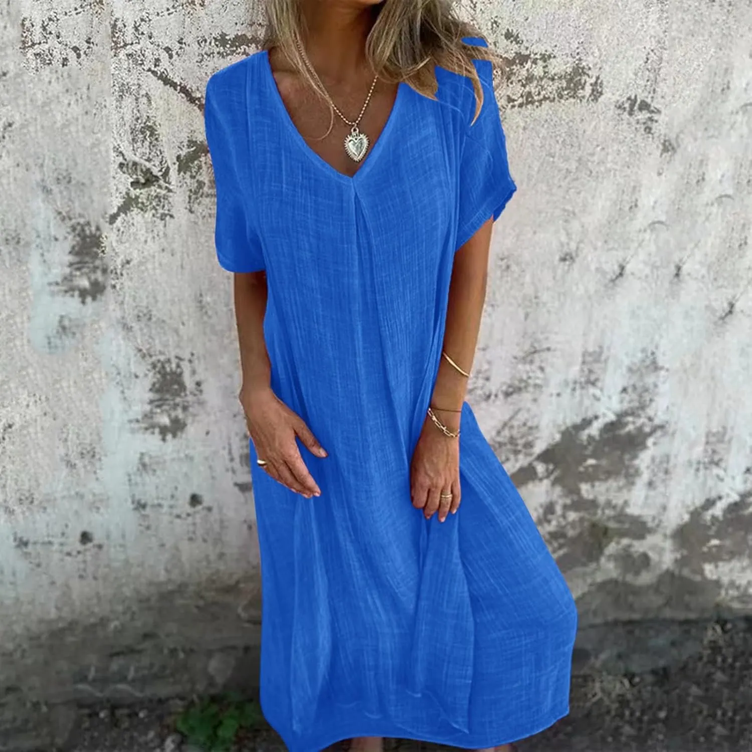 Cotton Linen V-Neck Midi Dress, 2025 Summer Casual Loose Dress Solid Flowy Bohemian Beach Dresses