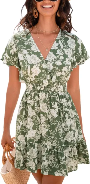 CUPSHE Women Floral Ruffle Mini Summer Dress Surplice V Neck Short Sleeve Smocked Waist Casual Beach Spring Dresses