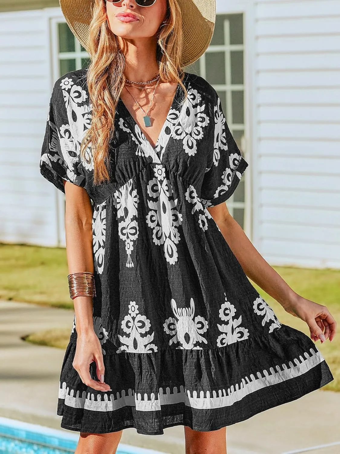 CUPSHE Women Ruffle Floral Summer Dresses 2025 V Neck Short Sleeve Smocked High Waist Casual Beach Holiday Mini Dress