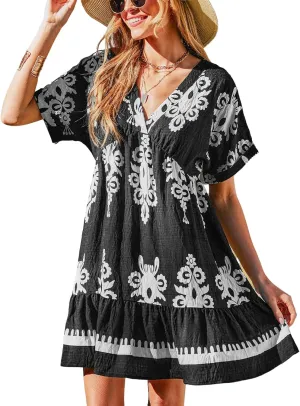 CUPSHE Women Ruffle Floral Summer Dresses 2025 V Neck Short Sleeve Smocked High Waist Casual Beach Holiday Mini Dress