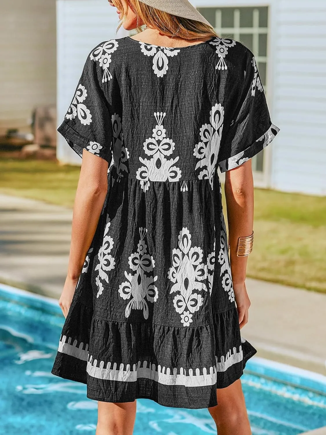CUPSHE Women Ruffle Floral Summer Dresses 2025 V Neck Short Sleeve Smocked High Waist Casual Beach Holiday Mini Dress