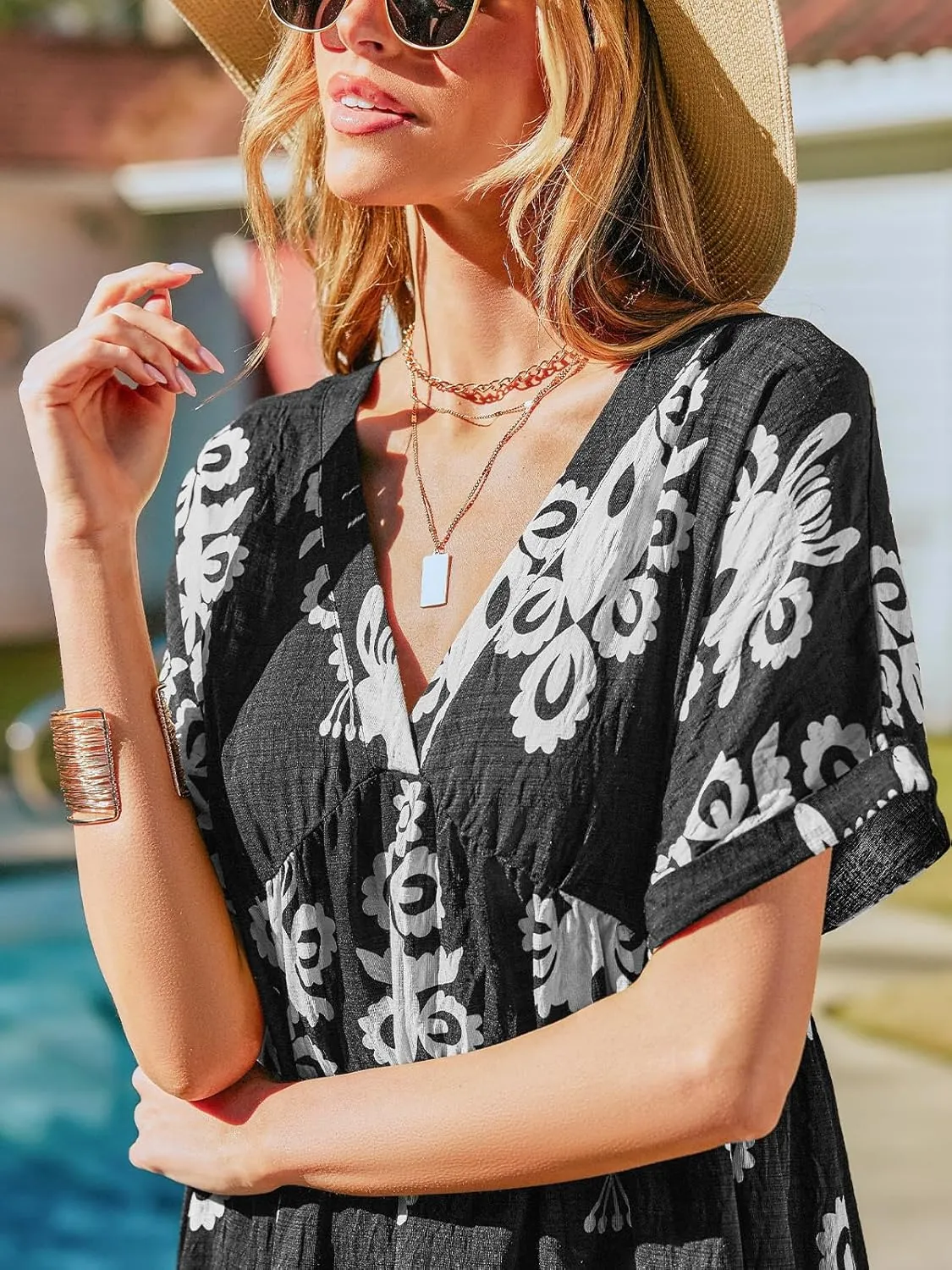 CUPSHE Women Ruffle Floral Summer Dresses 2025 V Neck Short Sleeve Smocked High Waist Casual Beach Holiday Mini Dress
