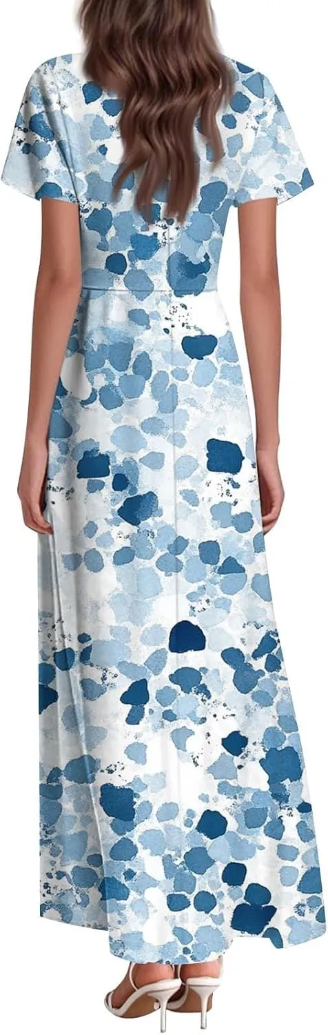 Cute Floral Maxi Dresses for Women 2025 Flowy Short Sleeve Chiffon Dress Summer Casual Prom Beach Clothes Easter Dress