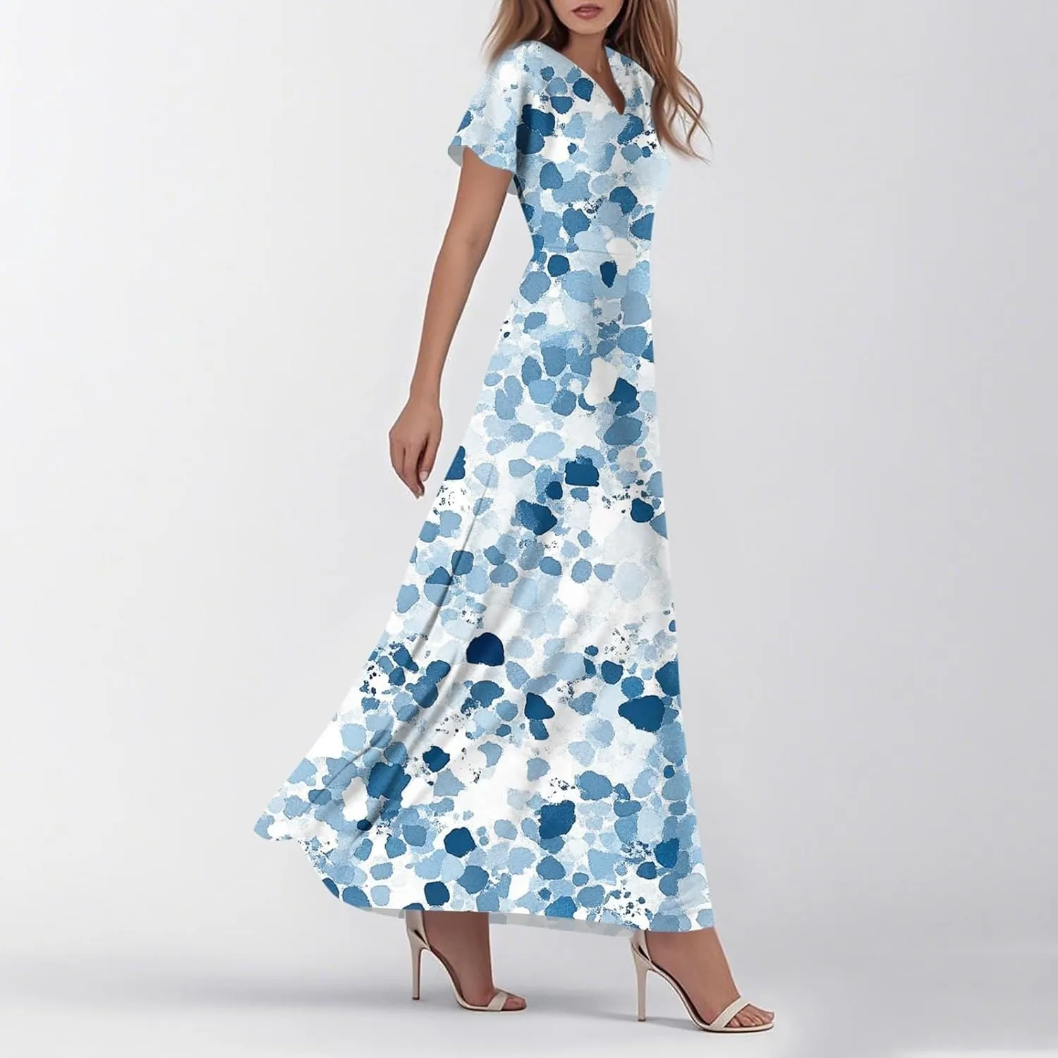 Cute Floral Maxi Dresses for Women 2025 Flowy Short Sleeve Chiffon Dress Summer Casual Prom Beach Clothes Easter Dress