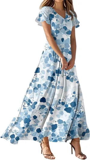 Cute Floral Maxi Dresses for Women 2025 Flowy Short Sleeve Chiffon Dress Summer Casual Prom Beach Clothes Easter Dress