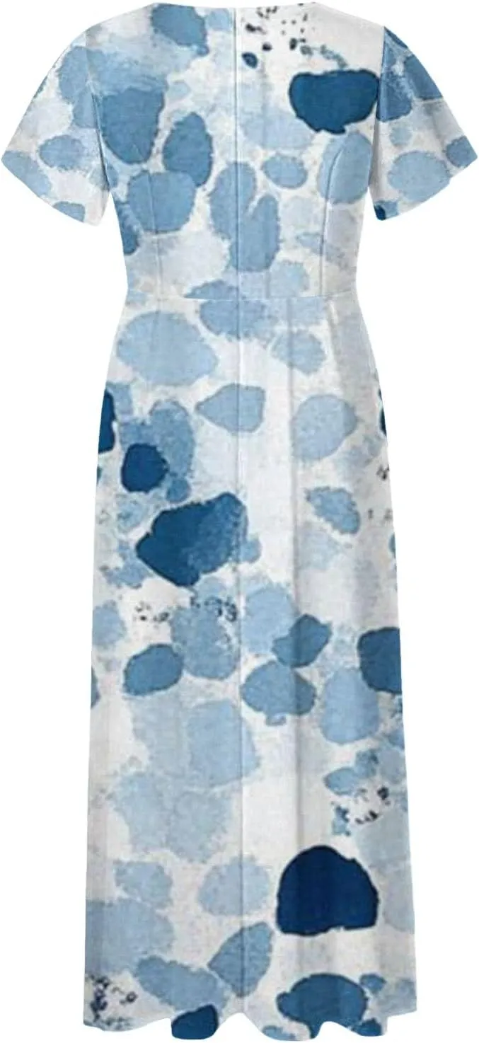 Cute Floral Maxi Dresses for Women 2025 Flowy Short Sleeve Chiffon Dress Summer Casual Prom Beach Clothes Easter Dress