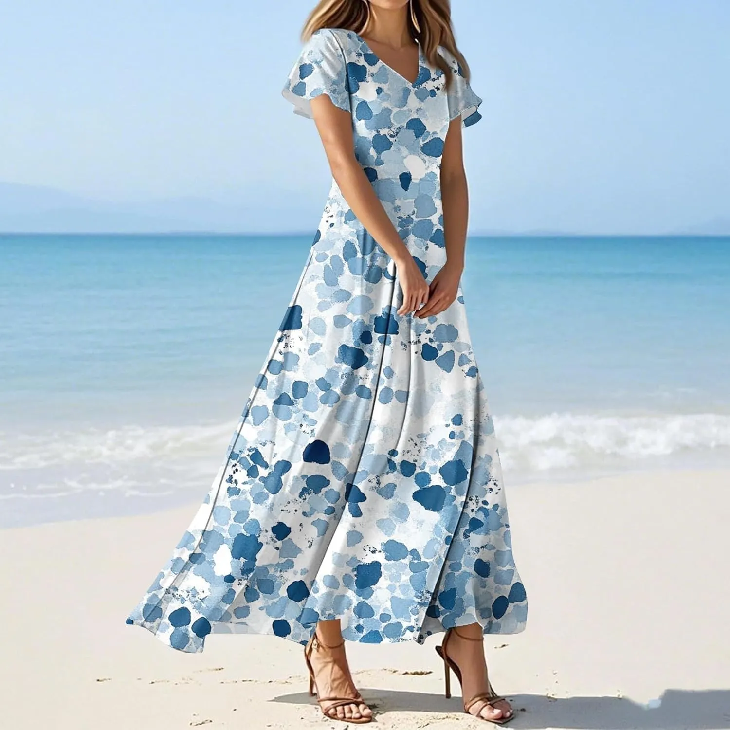 Cute Floral Maxi Dresses for Women 2025 Flowy Short Sleeve Chiffon Dress Summer Casual Prom Beach Clothes Easter Dress