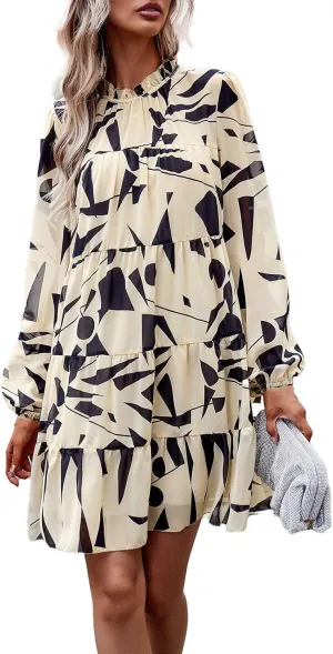 Cute Shift Tunic Dress for Women Ruffle Swing Babydoll Mini Long Sleevee Mini Knee Length Sun Dresses with Pockets