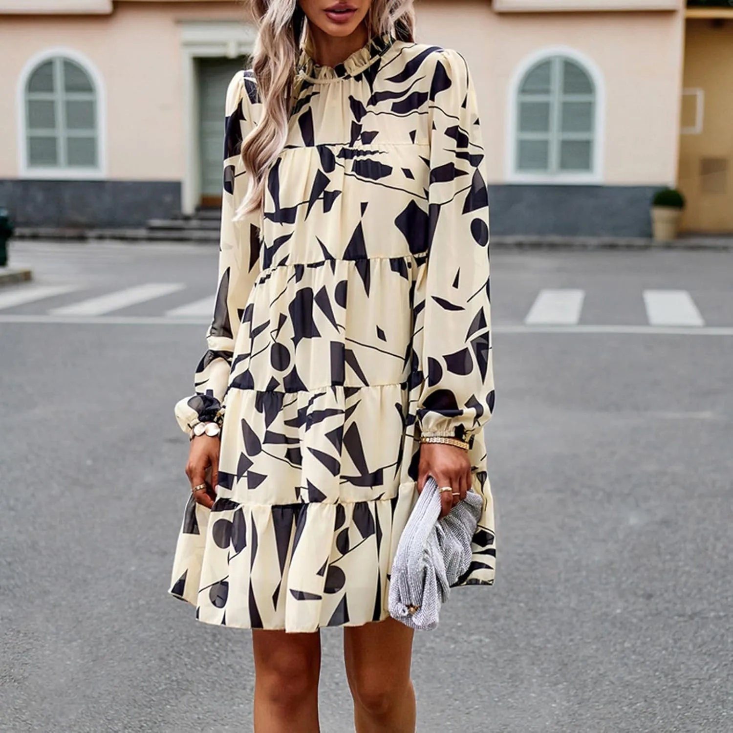 Cute Shift Tunic Dress for Women Ruffle Swing Babydoll Mini Long Sleevee Mini Knee Length Sun Dresses with Pockets