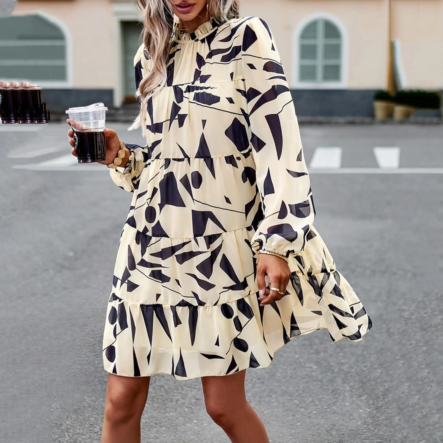 Cute Shift Tunic Dress for Women Ruffle Swing Babydoll Mini Long Sleevee Mini Knee Length Sun Dresses with Pockets