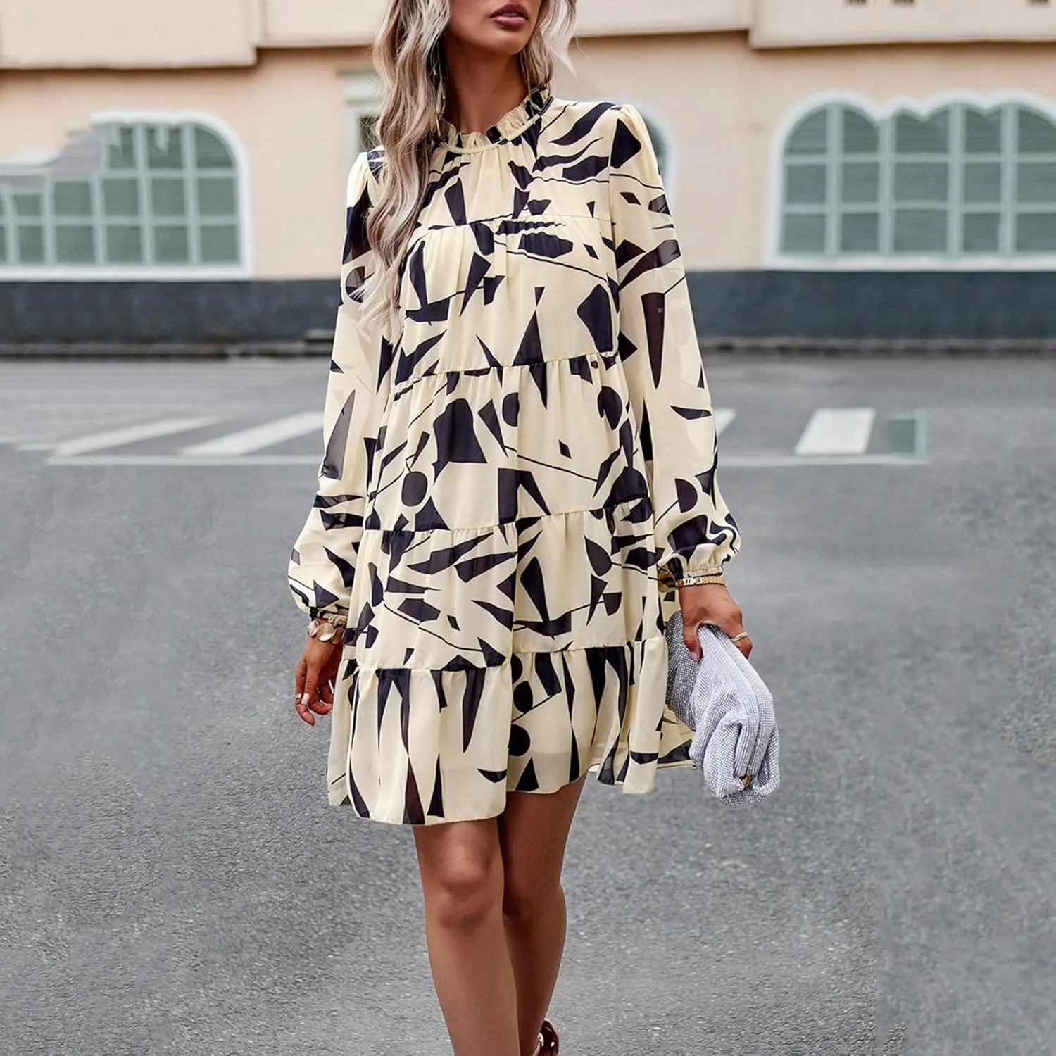 Cute Shift Tunic Dress for Women Ruffle Swing Babydoll Mini Long Sleevee Mini Knee Length Sun Dresses with Pockets