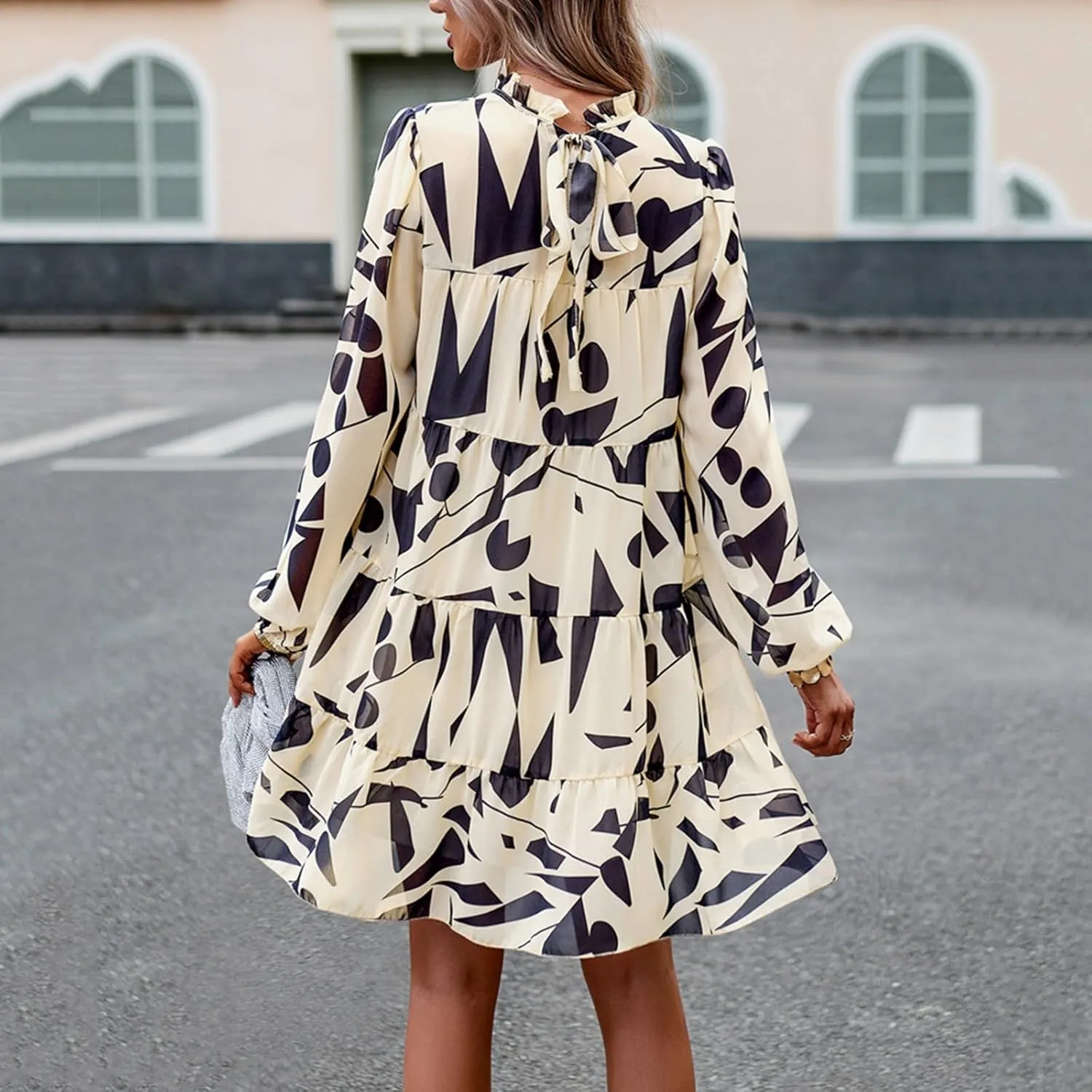 Cute Shift Tunic Dress for Women Ruffle Swing Babydoll Mini Long Sleevee Mini Knee Length Sun Dresses with Pockets