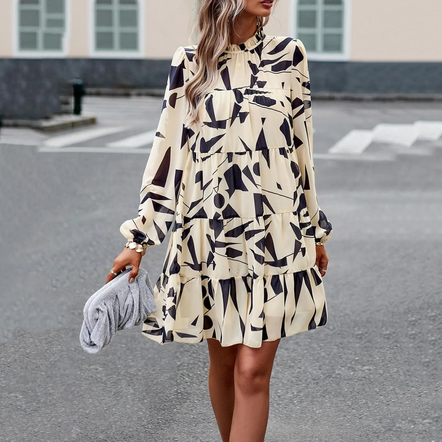 Cute Shift Tunic Dress for Women Ruffle Swing Babydoll Mini Long Sleevee Mini Knee Length Sun Dresses with Pockets