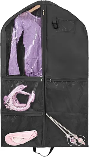 Dance Costume Garment Bag 39.4inch Dustproof Dance Bag with Garment Rack 6 Pockets Competition Portable Bags for Dancers Home Travel Black with Rack