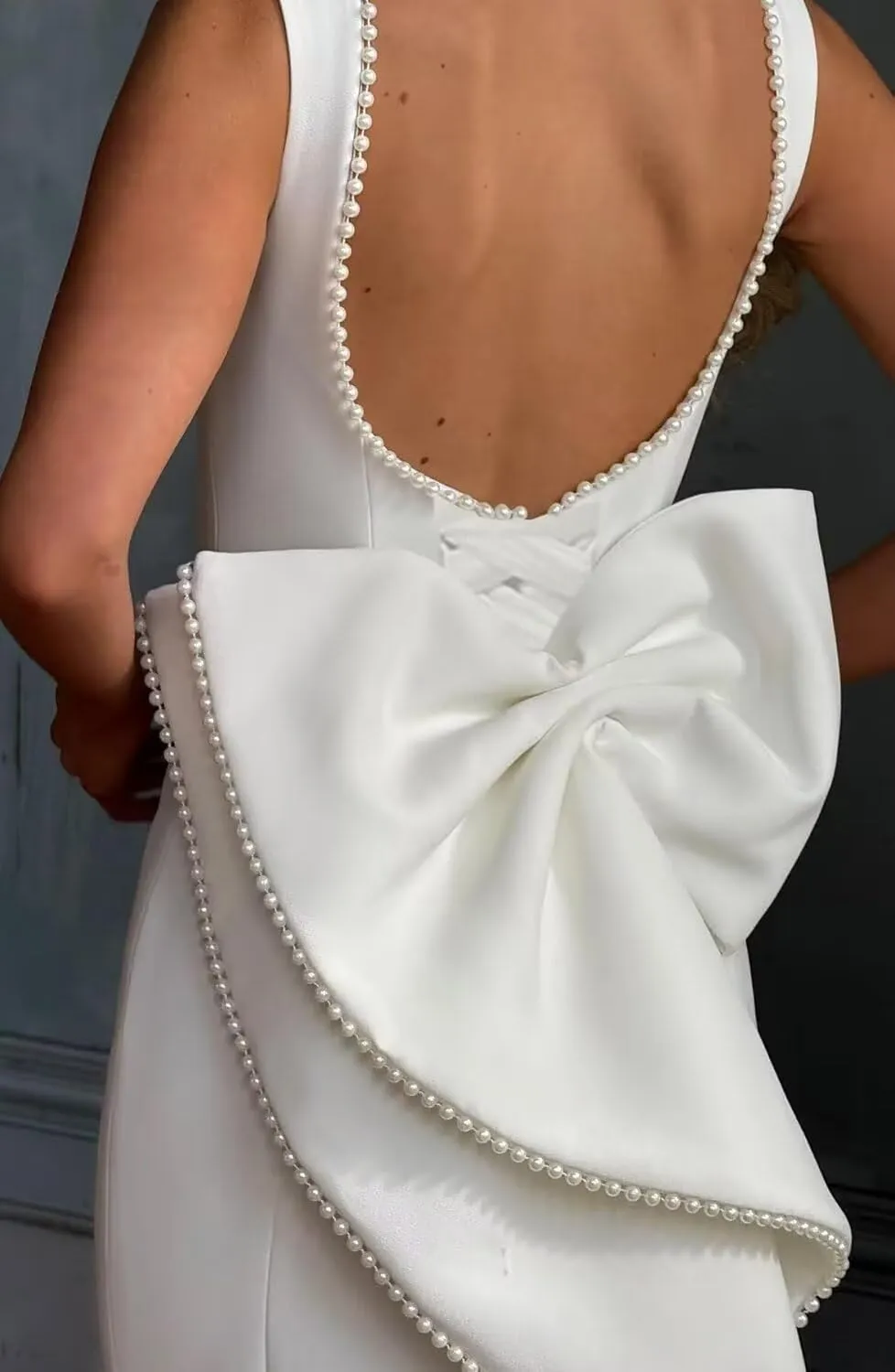 Dessiny Pearl Satin Cocktail Dress with Bow Back Bodycon 2025 Midi Formal Party Gowns for Women DE454