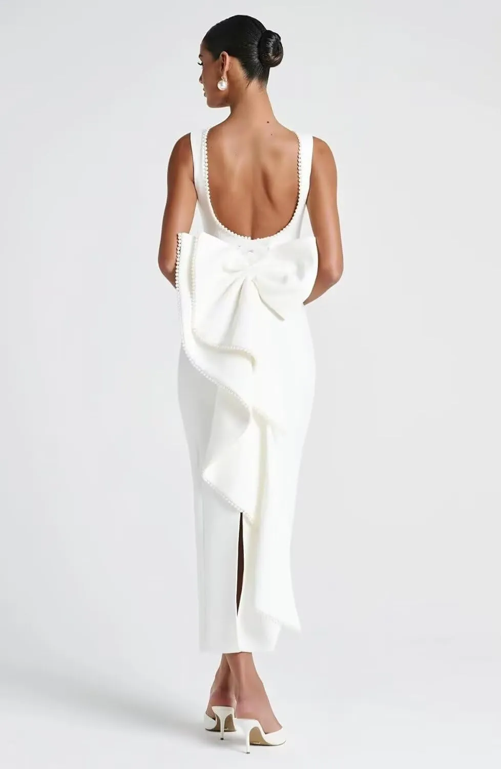 Dessiny Pearl Satin Cocktail Dress with Bow Back Bodycon 2025 Midi Formal Party Gowns for Women DE454