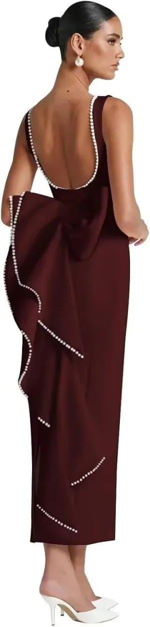 Dessiny Pearl Satin Cocktail Dress with Bow Back Bodycon 2025 Midi Formal Party Gowns for Women DE454