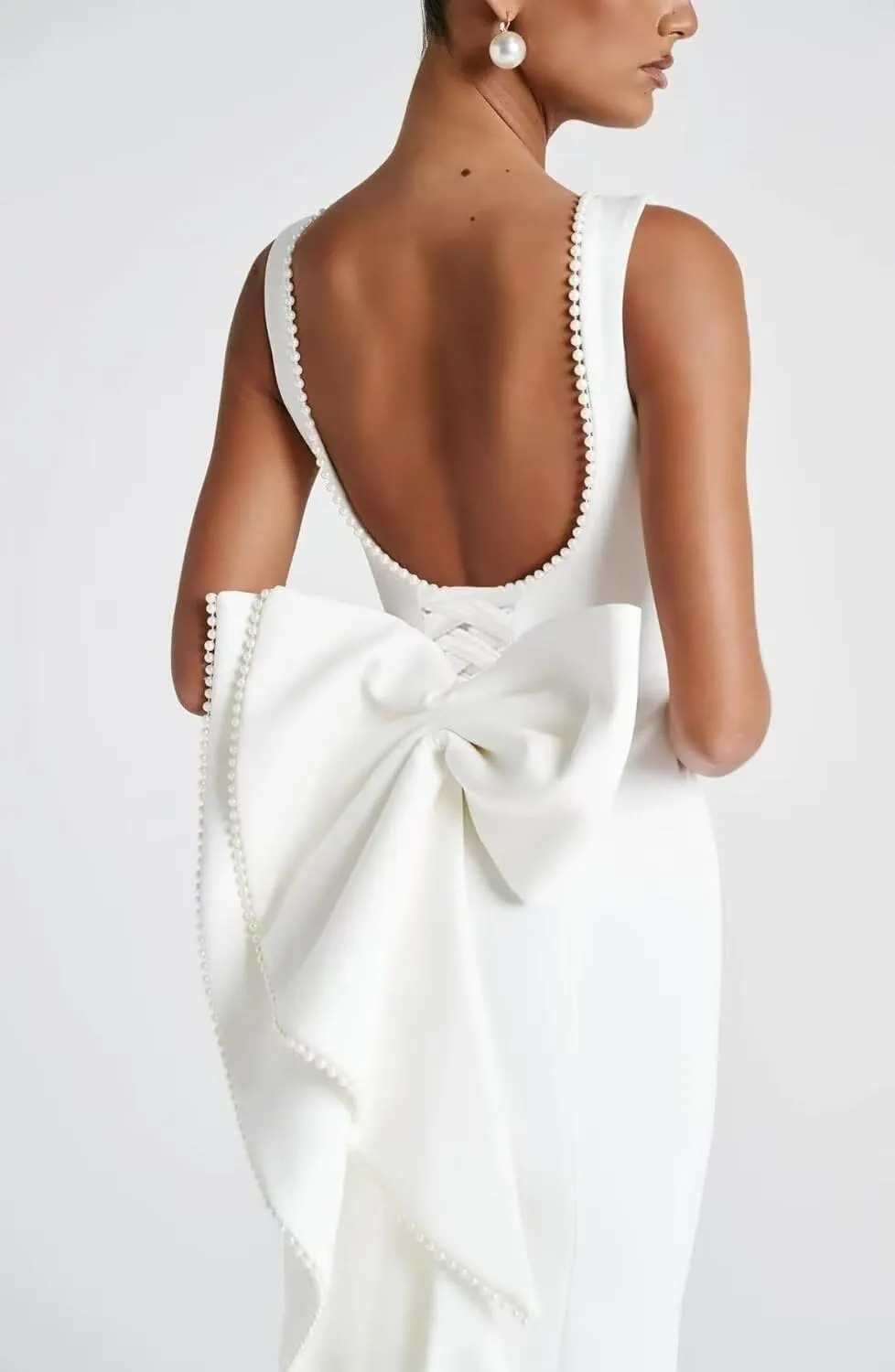 Dessiny Pearl Satin Cocktail Dress with Bow Back Bodycon 2025 Midi Formal Party Gowns for Women DE454