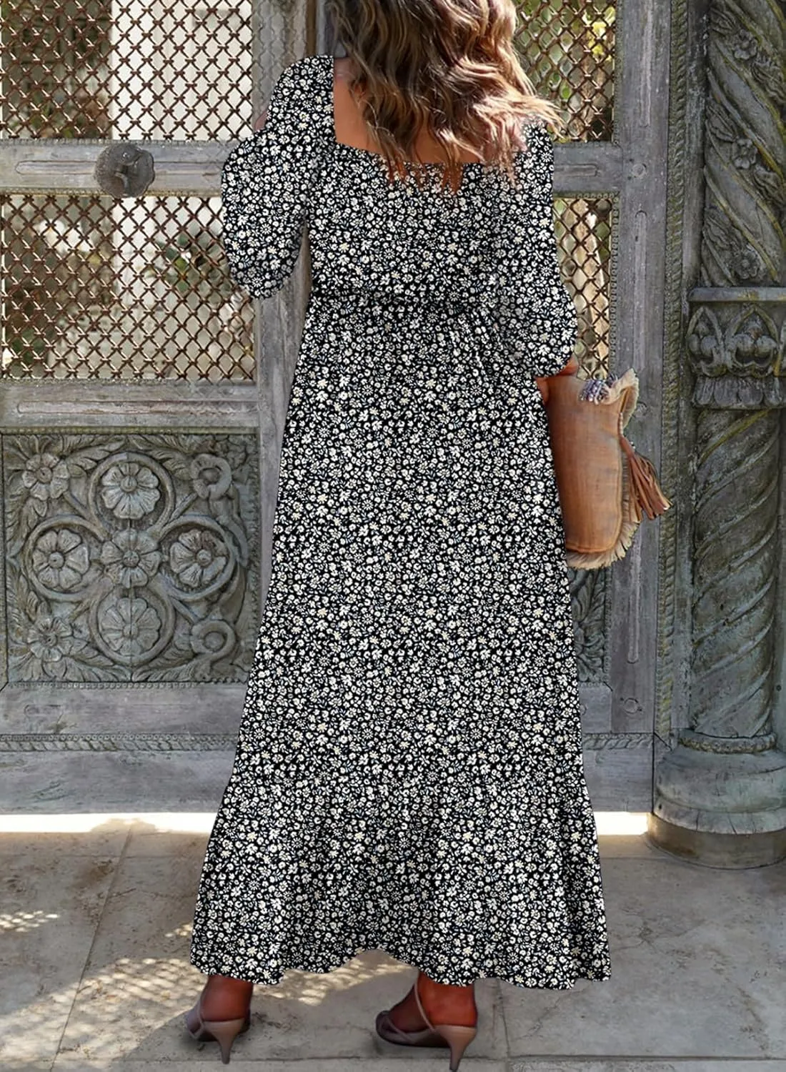 Dokotoo Spring Dresses for Women 2025 Boho Floral Smocked Square Neck Long Sleeve Button Down Beach Long Maxi Dress Sundress