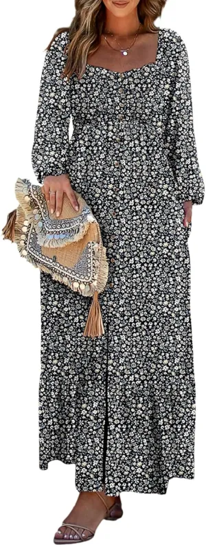 Dokotoo Spring Dresses for Women 2025 Boho Floral Smocked Square Neck Long Sleeve Button Down Beach Long Maxi Dress Sundress