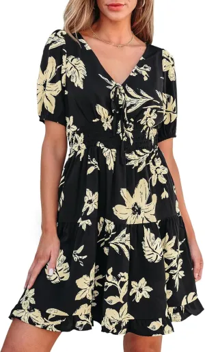 Dokotoo Womens Dresses 2025 Deep V Neck Lantern Sleeve Summer Dresses Shirred Elastic Waist A-Line Mini Dress