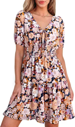 Dokotoo Womens Dresses 2025 Deep V Neck Lantern Sleeve Summer Dresses Shirred Elastic Waist A-Line Mini Dress