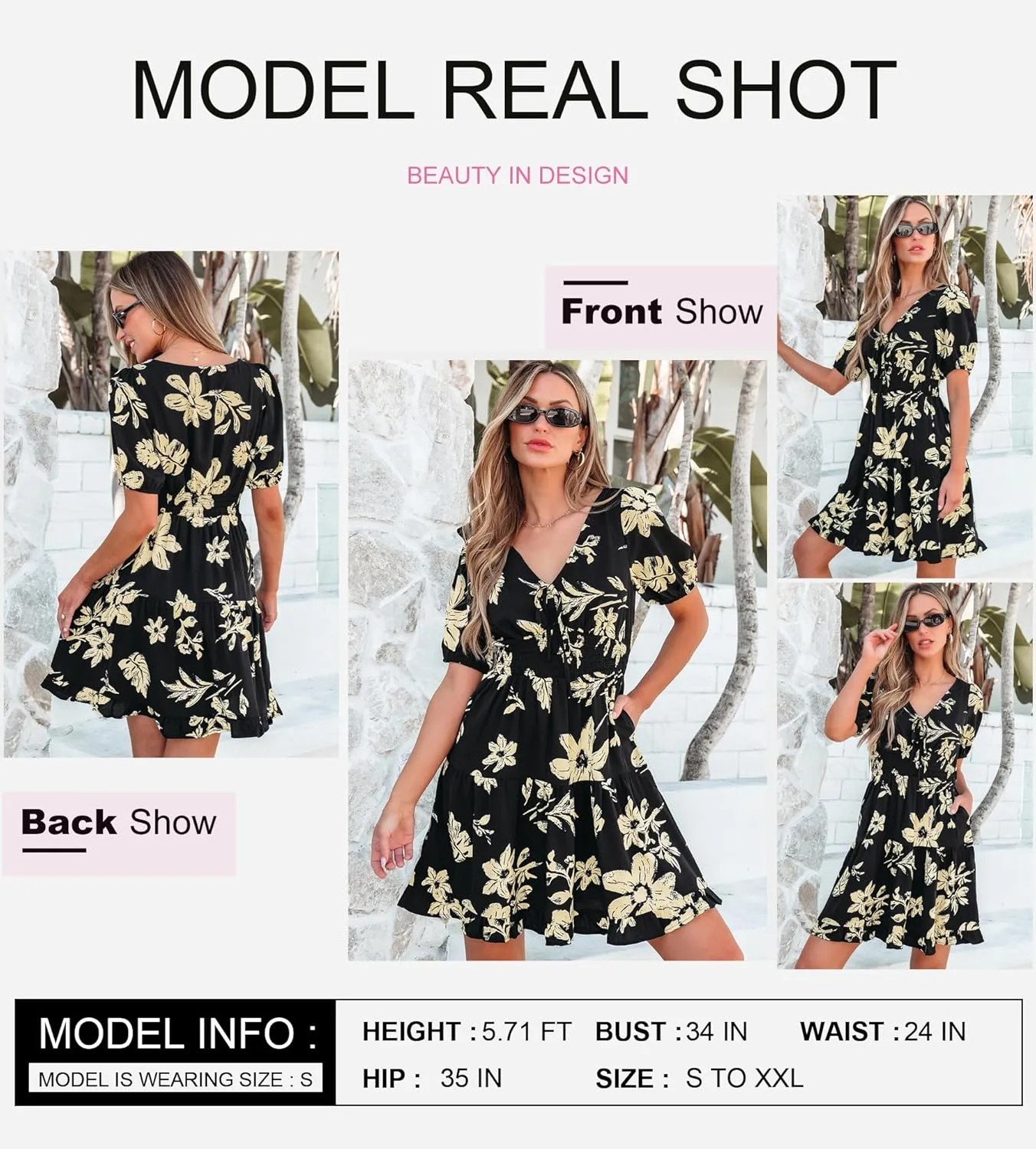 Dokotoo Womens Dresses 2025 Deep V Neck Lantern Sleeve Summer Dresses Shirred Elastic Waist A-Line Mini Dress