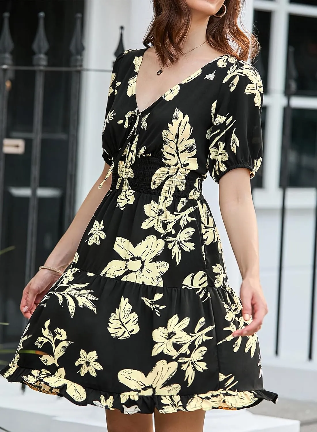 Dokotoo Womens Dresses 2025 Deep V Neck Lantern Sleeve Summer Dresses Shirred Elastic Waist A-Line Mini Dress