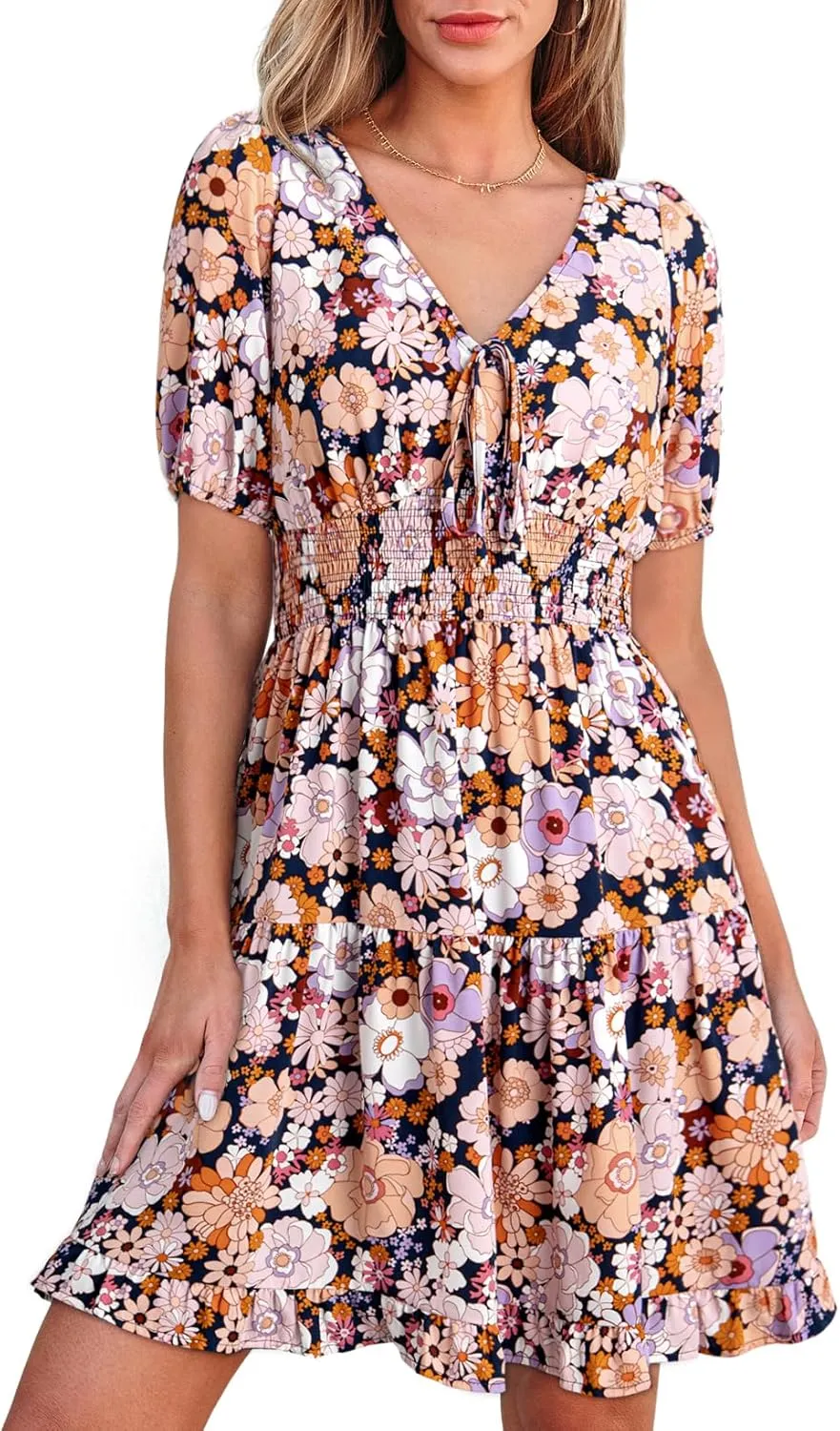 Dokotoo Womens Dresses 2025 Deep V Neck Lantern Sleeve Summer Dresses Shirred Elastic Waist A-Line Mini Dress