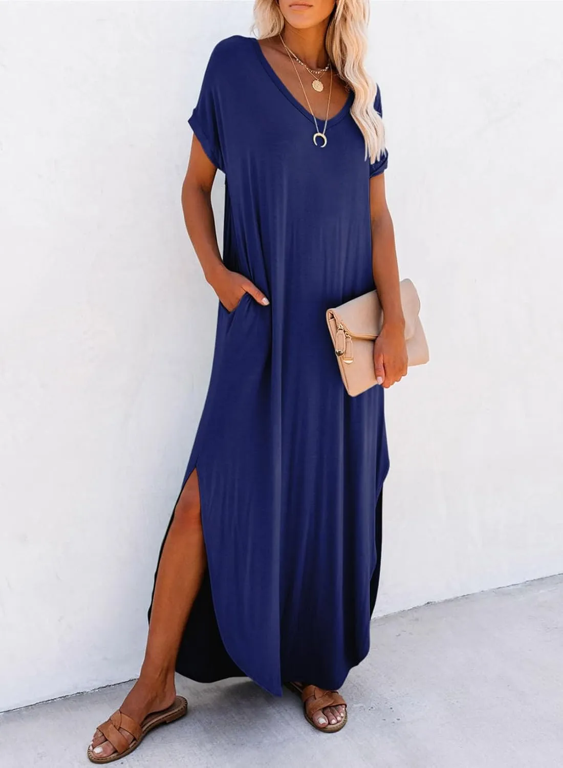 Dokotoo Womens Summer Dresses 2025 Short Sleeve Long T Shirt Dress Split Maxi Dress Beach Sundresses with Pockets