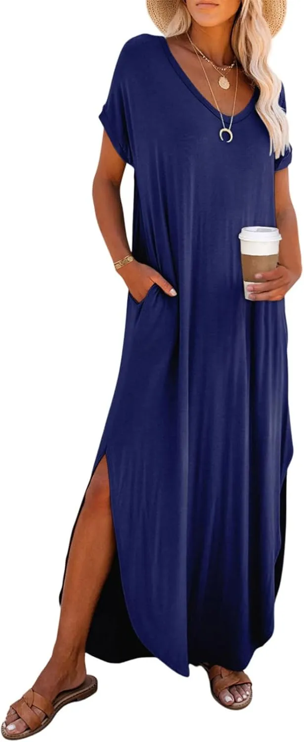 Dokotoo Womens Summer Dresses 2025 Short Sleeve Long T Shirt Dress Split Maxi Dress Beach Sundresses with Pockets