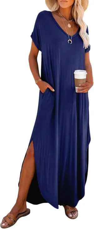 Dokotoo Womens Summer Dresses 2025 Short Sleeve Long T Shirt Dress Split Maxi Dress Beach Sundresses with Pockets