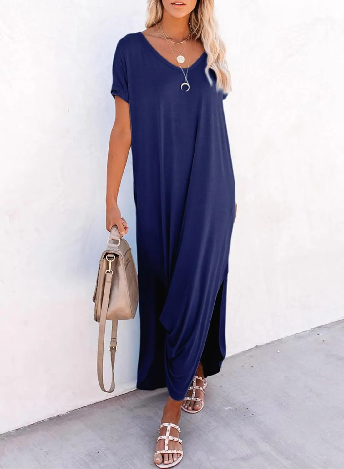 Dokotoo Womens Summer Dresses 2025 Short Sleeve Long T Shirt Dress Split Maxi Dress Beach Sundresses with Pockets