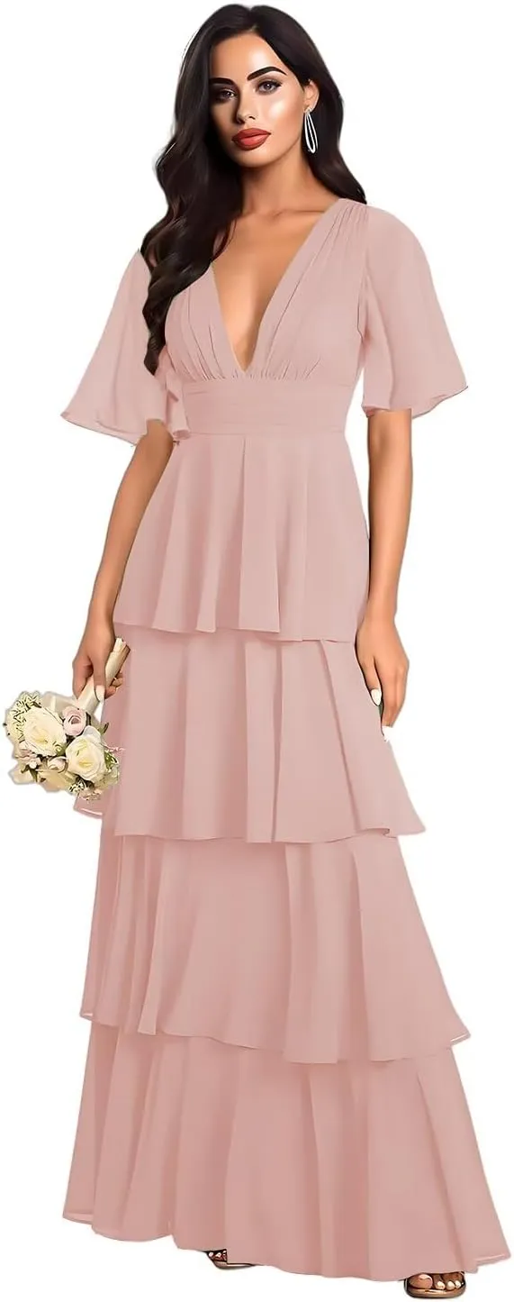 Double V Neck Short Sleeve Bridesmaid Dresses Long Ruffled Chiffon Tiered A Line Formal Evening Dress EL92