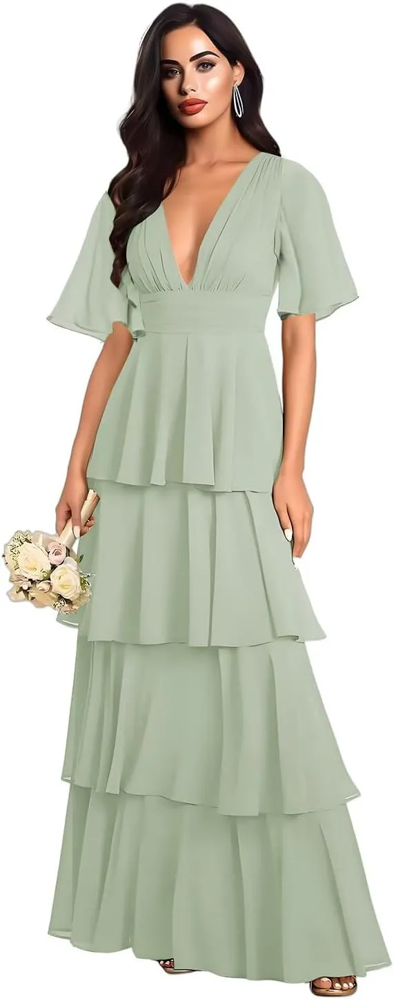 Double V Neck Short Sleeve Bridesmaid Dresses Long Ruffled Chiffon Tiered A Line Formal Evening Dress EL92