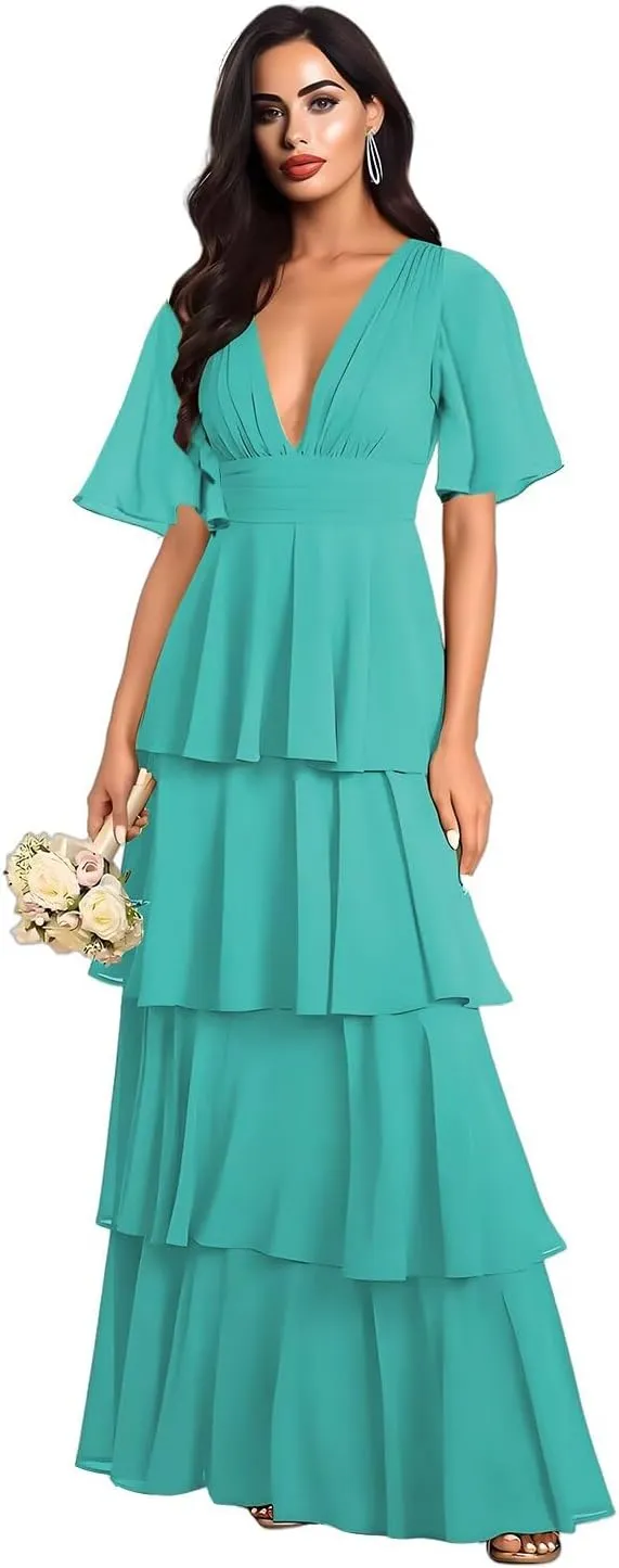 Double V Neck Short Sleeve Bridesmaid Dresses Long Ruffled Chiffon Tiered A Line Formal Evening Dress EL92
