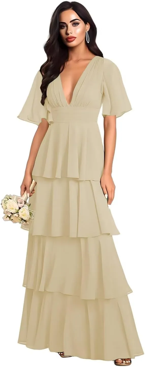 Double V Neck Short Sleeve Bridesmaid Dresses Long Ruffled Chiffon Tiered A Line Formal Evening Dress EL92