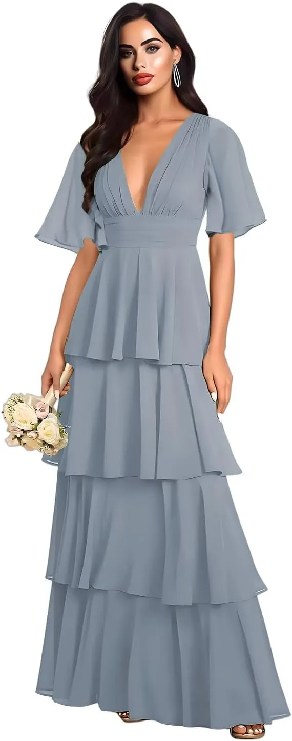 Double V Neck Short Sleeve Bridesmaid Dresses Long Ruffled Chiffon Tiered A Line Formal Evening Dress EL92