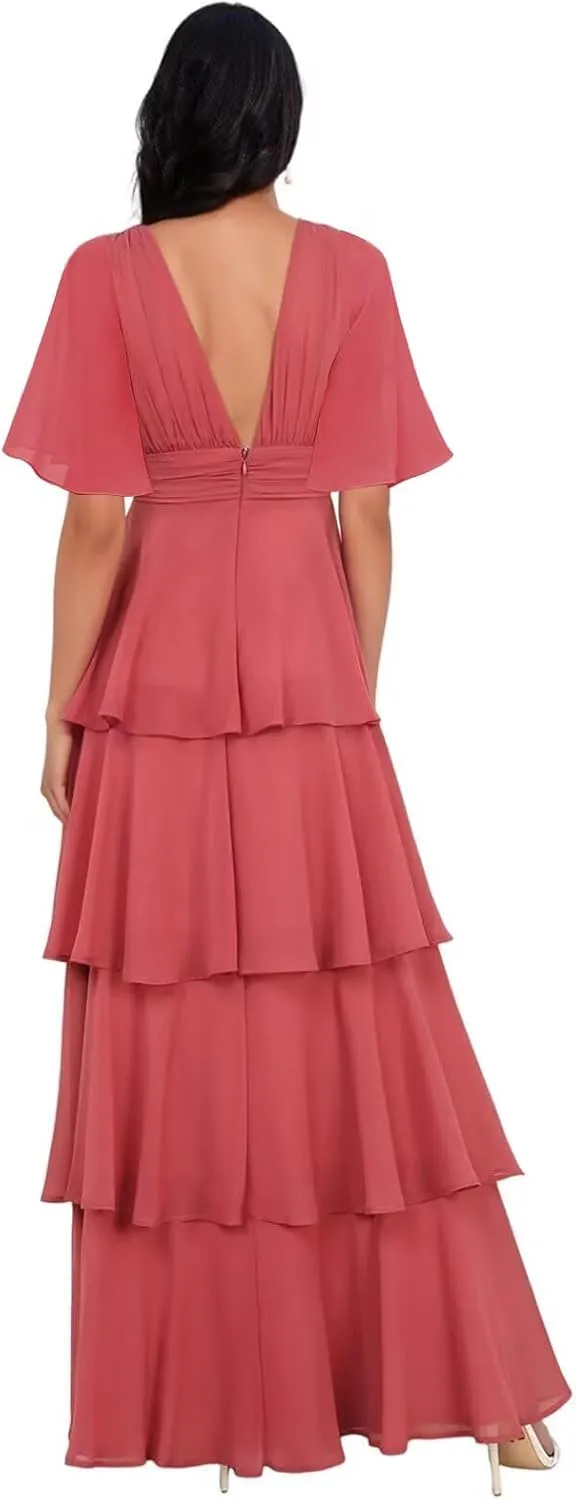 Double V Neck Short Sleeve Bridesmaid Dresses Long Ruffled Chiffon Tiered A Line Formal Evening Dress EL92