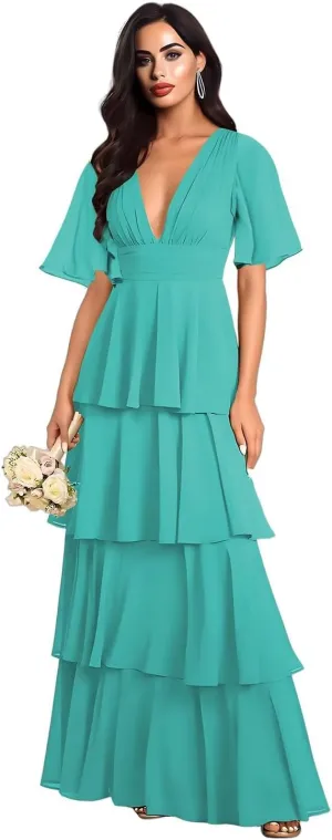 Double V Neck Short Sleeve Bridesmaid Dresses Long Ruffled Chiffon Tiered A Line Formal Evening Dress EL92