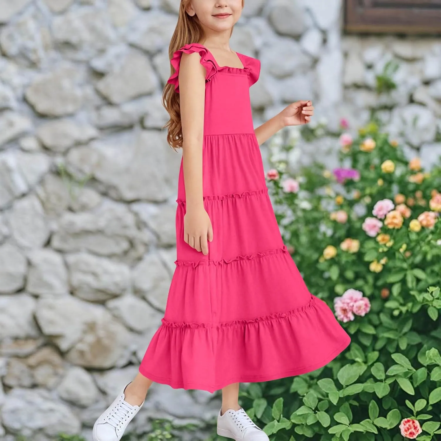 Dresses for Girls Summer Double Layer Ruffle Sleeve Casual Sundress Tiered A Line Smocked Flowy Dress 3-12 Years