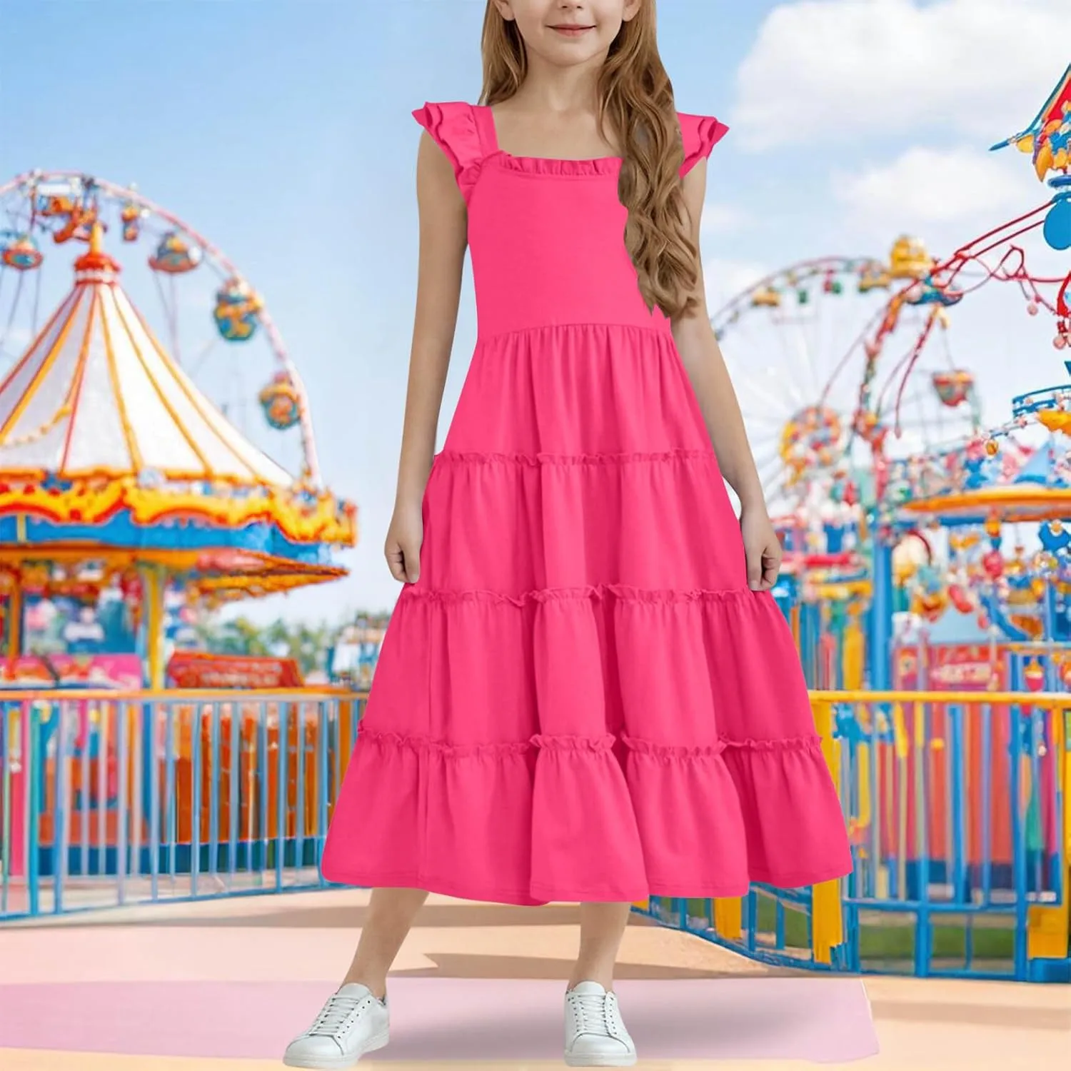 Dresses for Girls Summer Double Layer Ruffle Sleeve Casual Sundress Tiered A Line Smocked Flowy Dress 3-12 Years