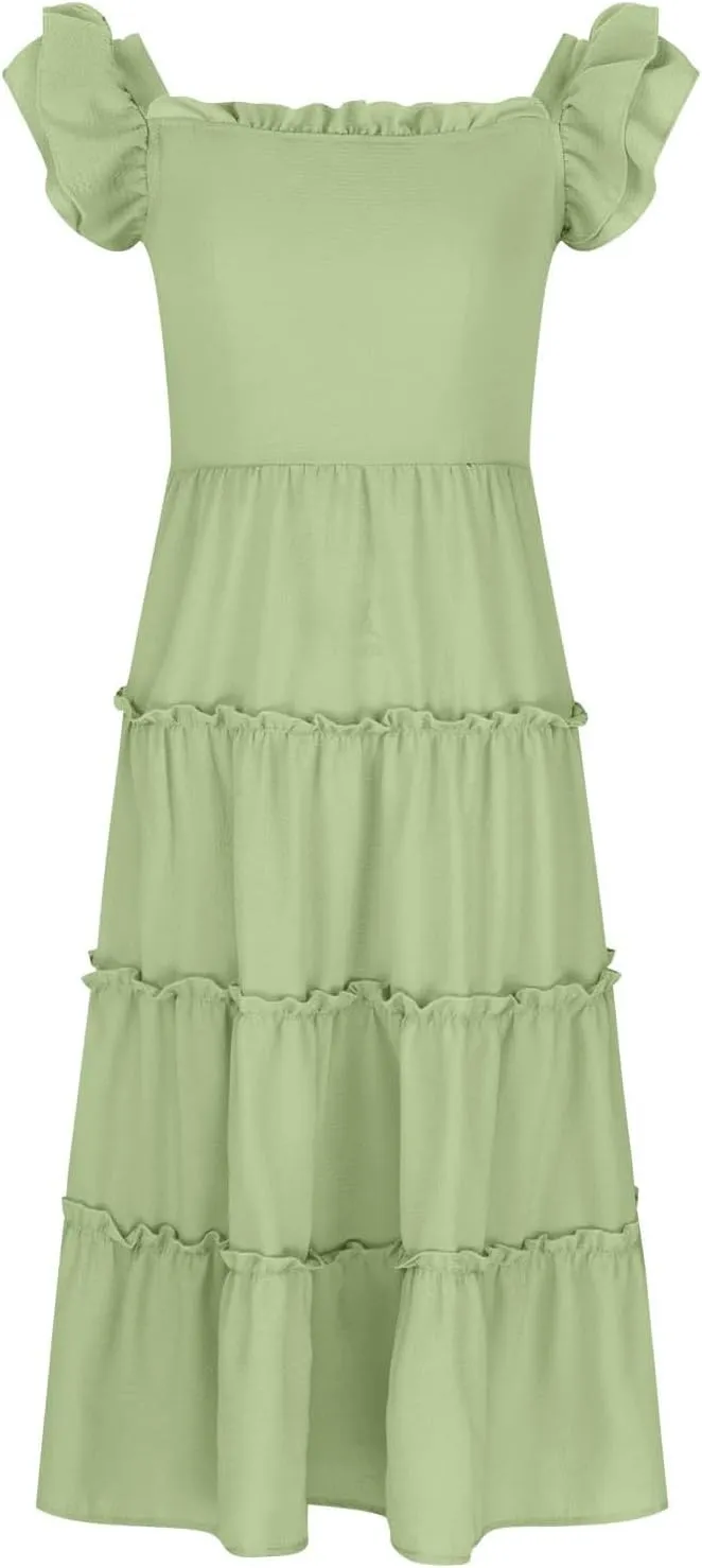 Dresses for Girls Summer Double Layer Ruffle Sleeve Casual Sundress Tiered A Line Smocked Flowy Dress 3-12 Years