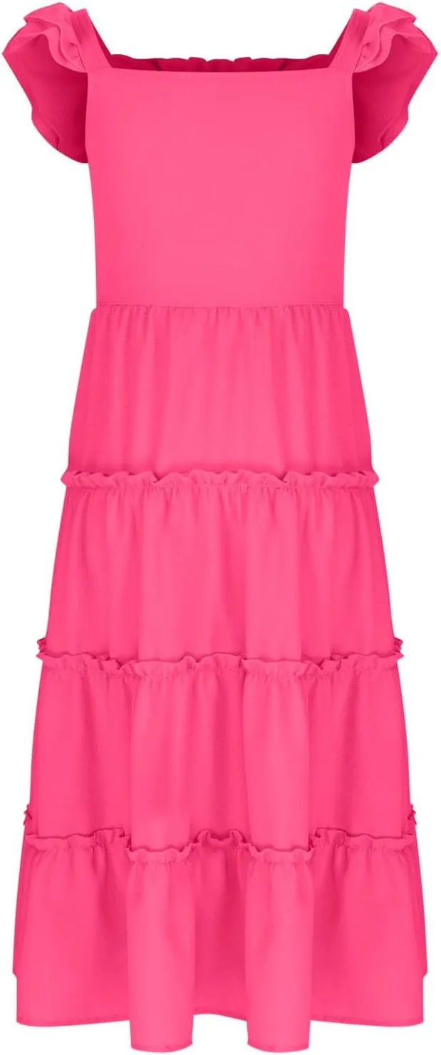 Dresses for Girls Summer Double Layer Ruffle Sleeve Casual Sundress Tiered A Line Smocked Flowy Dress 3-12 Years