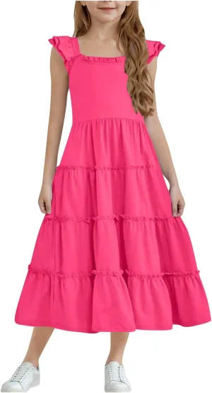 Dresses for Girls Summer Double Layer Ruffle Sleeve Casual Sundress Tiered A Line Smocked Flowy Dress 3-12 Years
