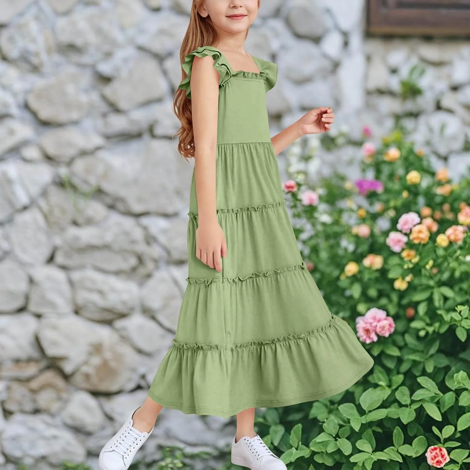 Dresses for Girls Summer Double Layer Ruffle Sleeve Casual Sundress Tiered A Line Smocked Flowy Dress 3-12 Years