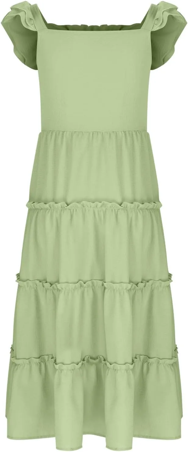 Dresses for Girls Summer Double Layer Ruffle Sleeve Casual Sundress Tiered A Line Smocked Flowy Dress 3-12 Years