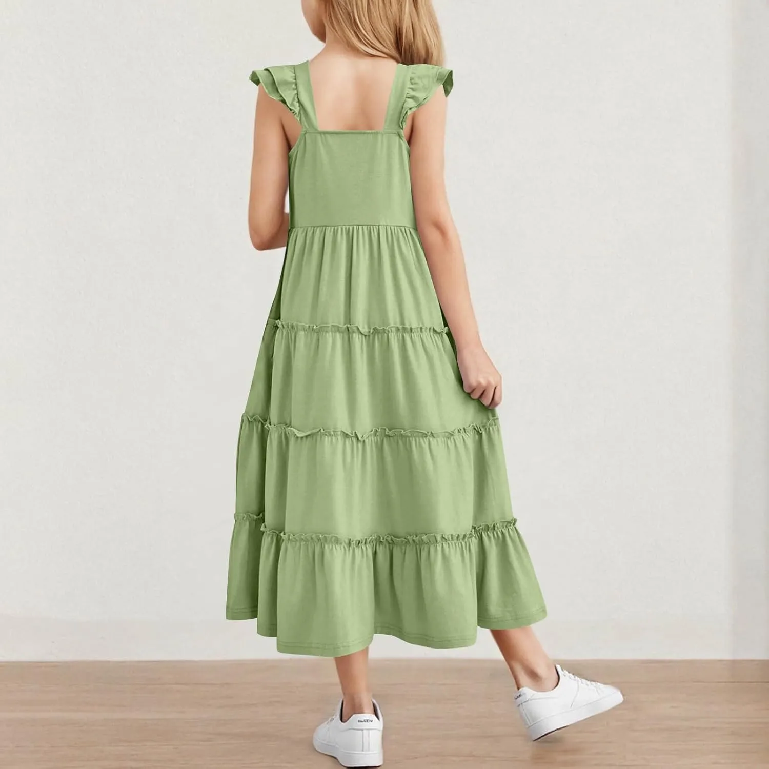 Dresses for Girls Summer Double Layer Ruffle Sleeve Casual Sundress Tiered A Line Smocked Flowy Dress 3-12 Years