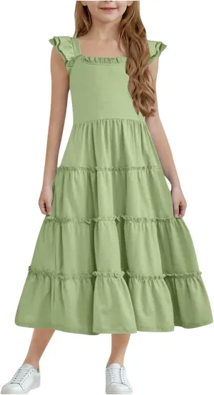 Dresses for Girls Summer Double Layer Ruffle Sleeve Casual Sundress Tiered A Line Smocked Flowy Dress 3-12 Years